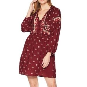 Lucky Brand Dress Womens XS Red Floral Paisley Boho Peasant Mini Long Sleeve